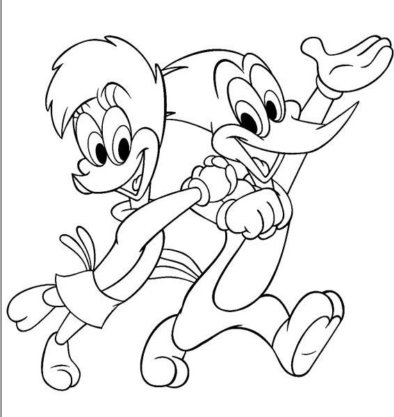 Página para colorir com Pica Pau e Winnie Pica Pau sorrindo e acenando.