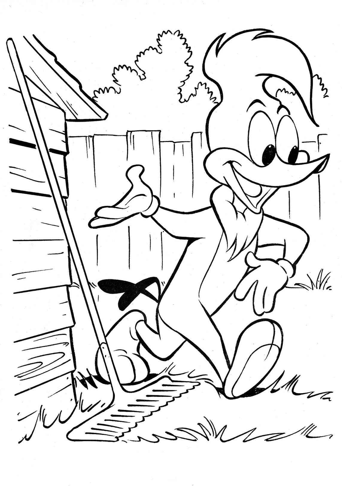 Desenho do Pica-Pau sorrindo com um rastelo, pronto para um dia de jardinagem e diversão para colorir.