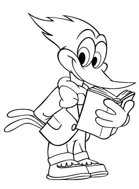 Desenho do Pica-Pau antropomórfico vestindo paletó e lendo um livro com páginas abertas para colorir.