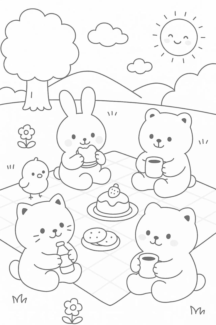 Desenho de piquenique da Bobbie Goods com coelhos, ursos, gato e pintinho em um piquenique ensolarado para colorir.