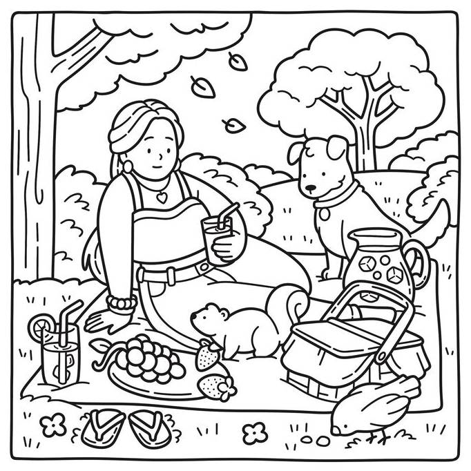 Desenho de um picnic Bobbie Goods com mulher, cachorro, cesta de piquenique e cenário natural para imprimir e colorir.