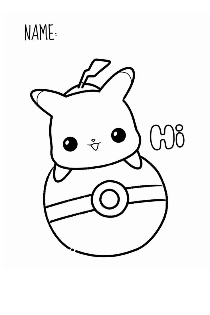 Desenho de um Pikachu bebê Kawaii dentro de uma pokebola com a palavra 'Hi' e espaço para nome, pronto para imprimir e colorir.
