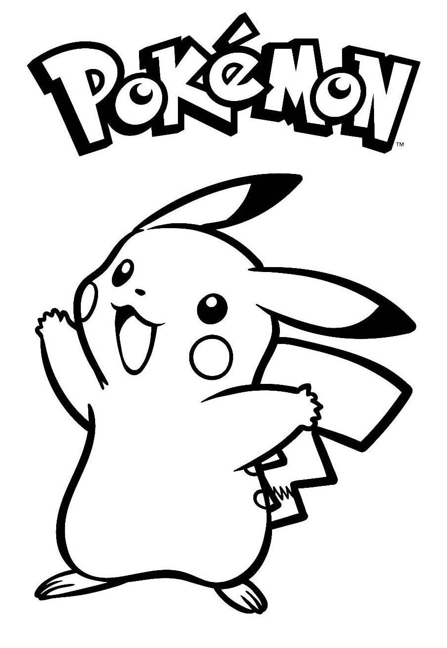 Desenho do Pikachu clássico sorrindo, com orelhas pontudas e cauda em forma de raio, pronto para imprimir e colorir.