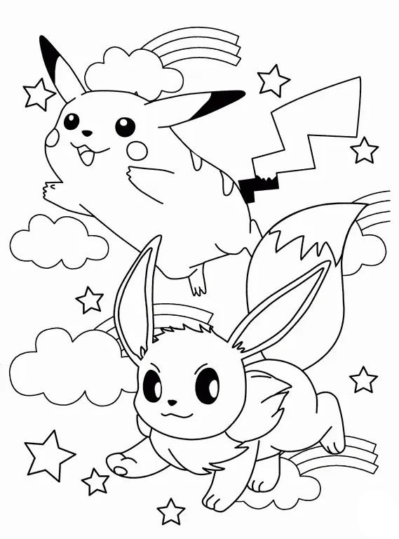 Desenho do Pikachu sorrindo e Eevee em um mundo de fantasia com nuvens, estrelas e arco-íris para imprimir e colorir.