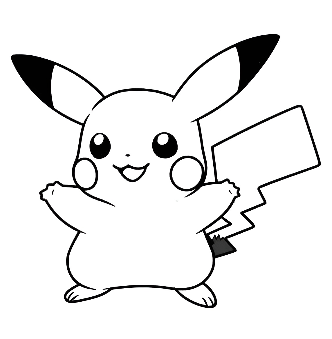Desenho do Pikachu, o famoso Pokémon amarelo com cauda de raio, para imprimir e colorir.