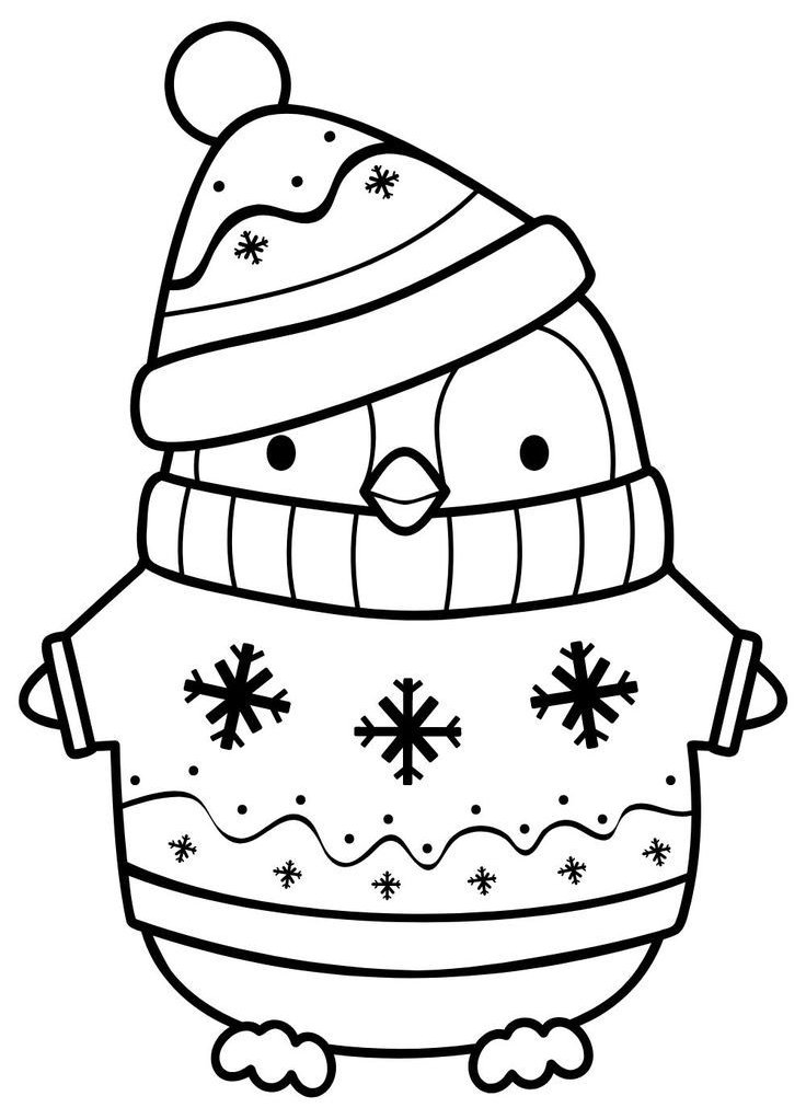 Desenho de pinguim de inverno com gorro, suéter de flocos de neve e olhos redondos para imprimir e colorir.
