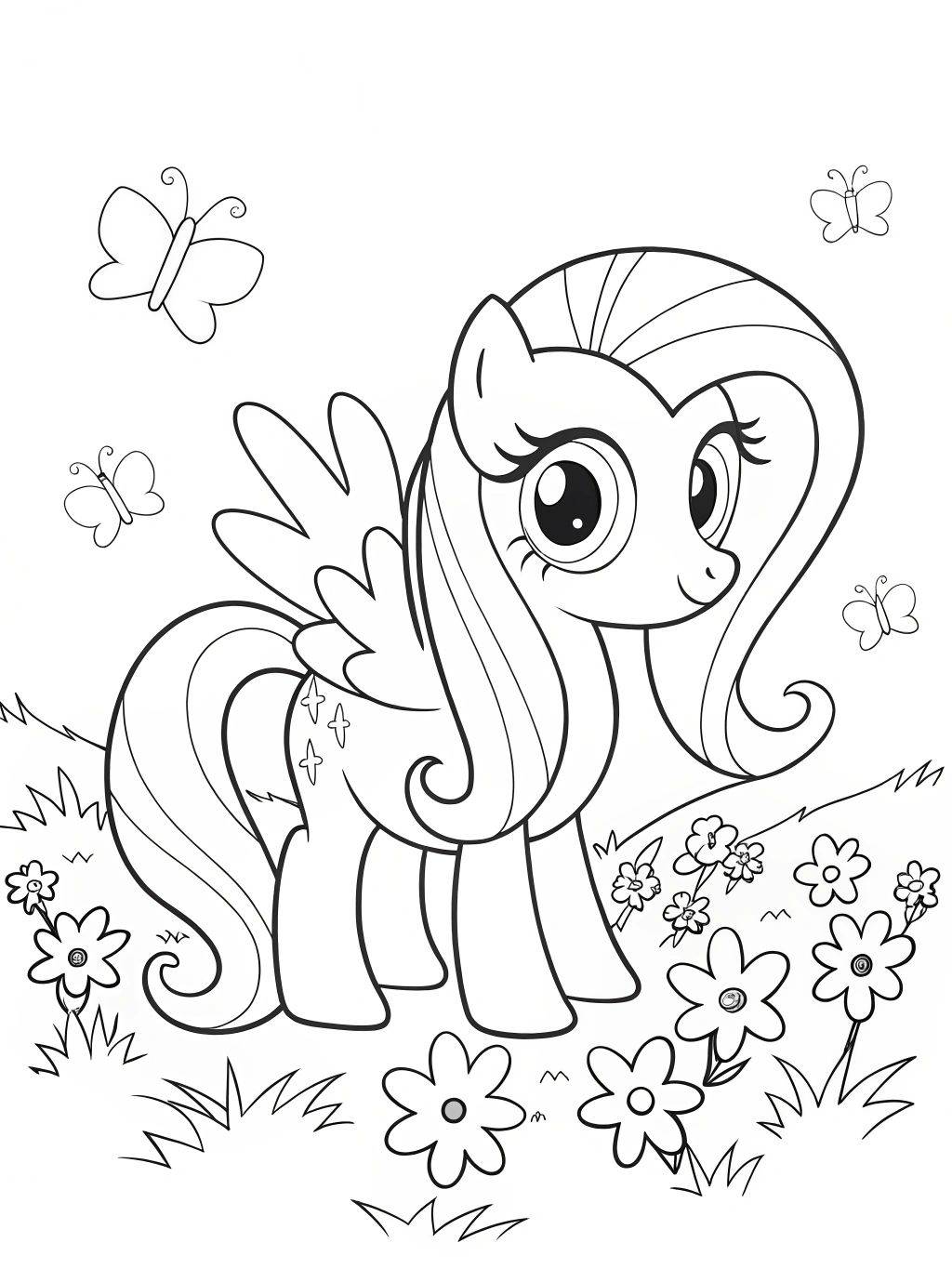 Desenho da Pinkie Pie de My Little Pony, cercada de flores e borboletas, com seu sorriso contagiante, pronto para imprimir e pintar.