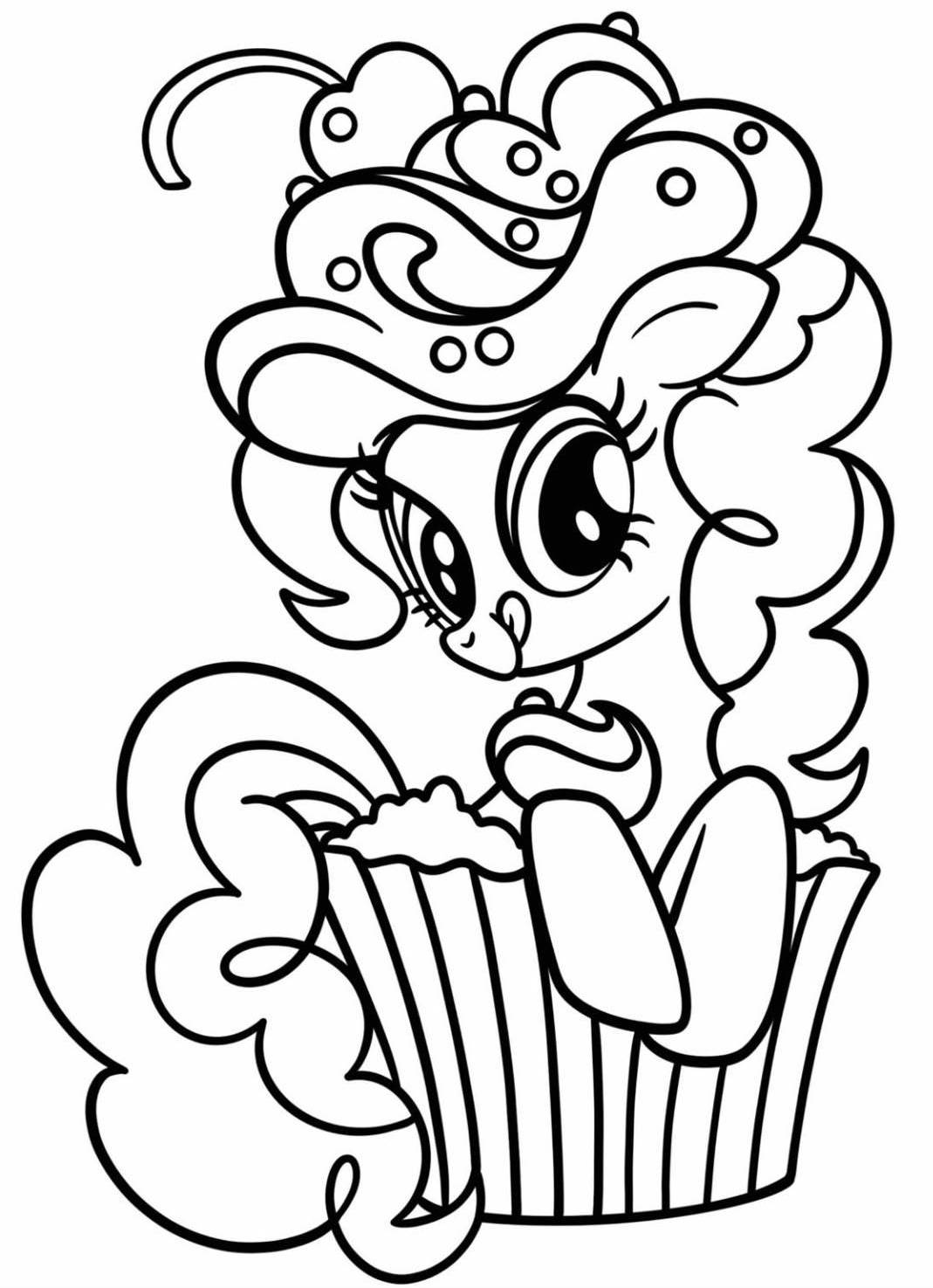 Desenho da Pinkie Pie de My Little Pony em forma de cupcake com bolas de sorvete no cabelo para imprimir e colorir.
