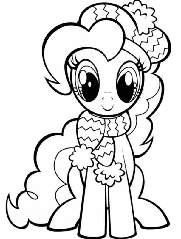 Desenho da Pinkie Pie de My Little Pony com gorro e cachecol para imprimir e colorir.