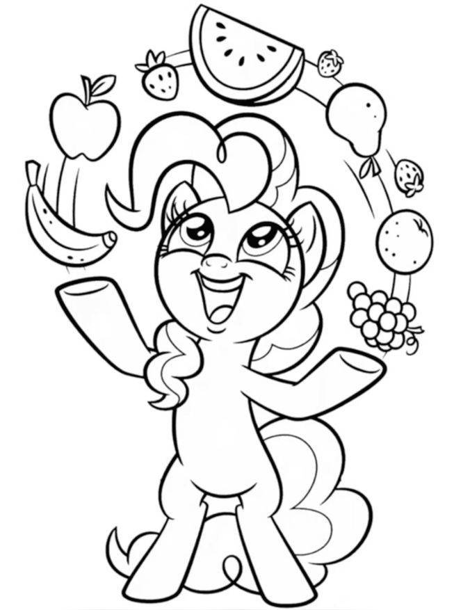 Desenho da Pinkie Pie de My Little Pony fazendo malabarismo com frutas para imprimir e colorir.