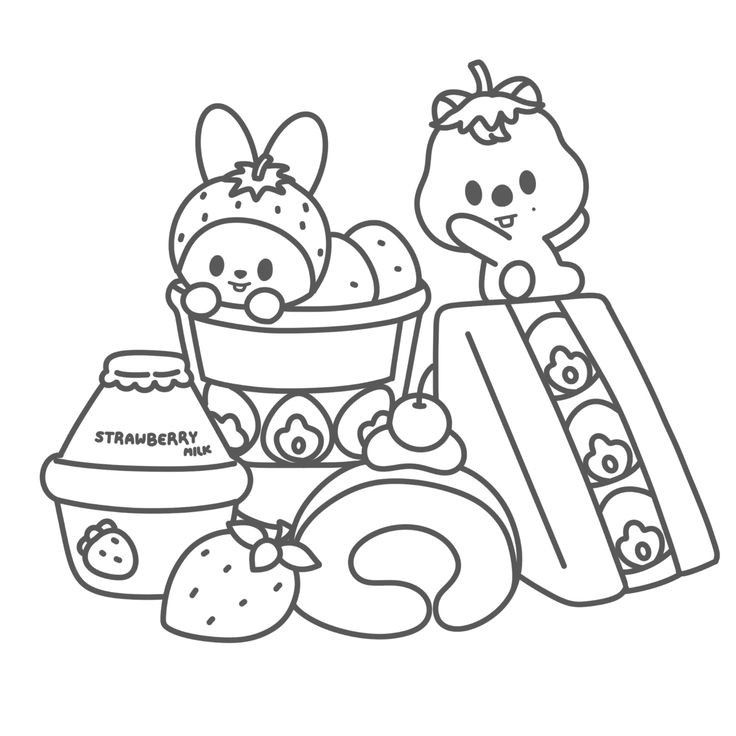 Desenho de um piquenique com coelhinho de morango, esquilo, sanduíche, leite de morango e rocambole para colorir.