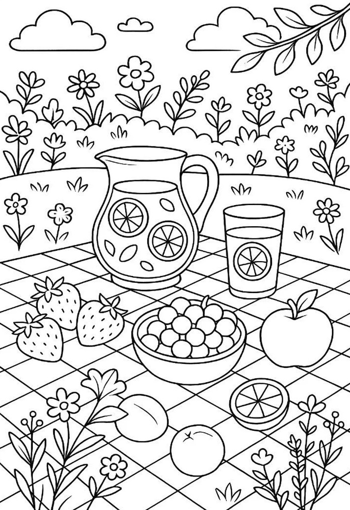 Desenho de um piquenique Comfy Cozy com frutas, bebidas e elementos da natureza, ideal para colorir e relaxar.