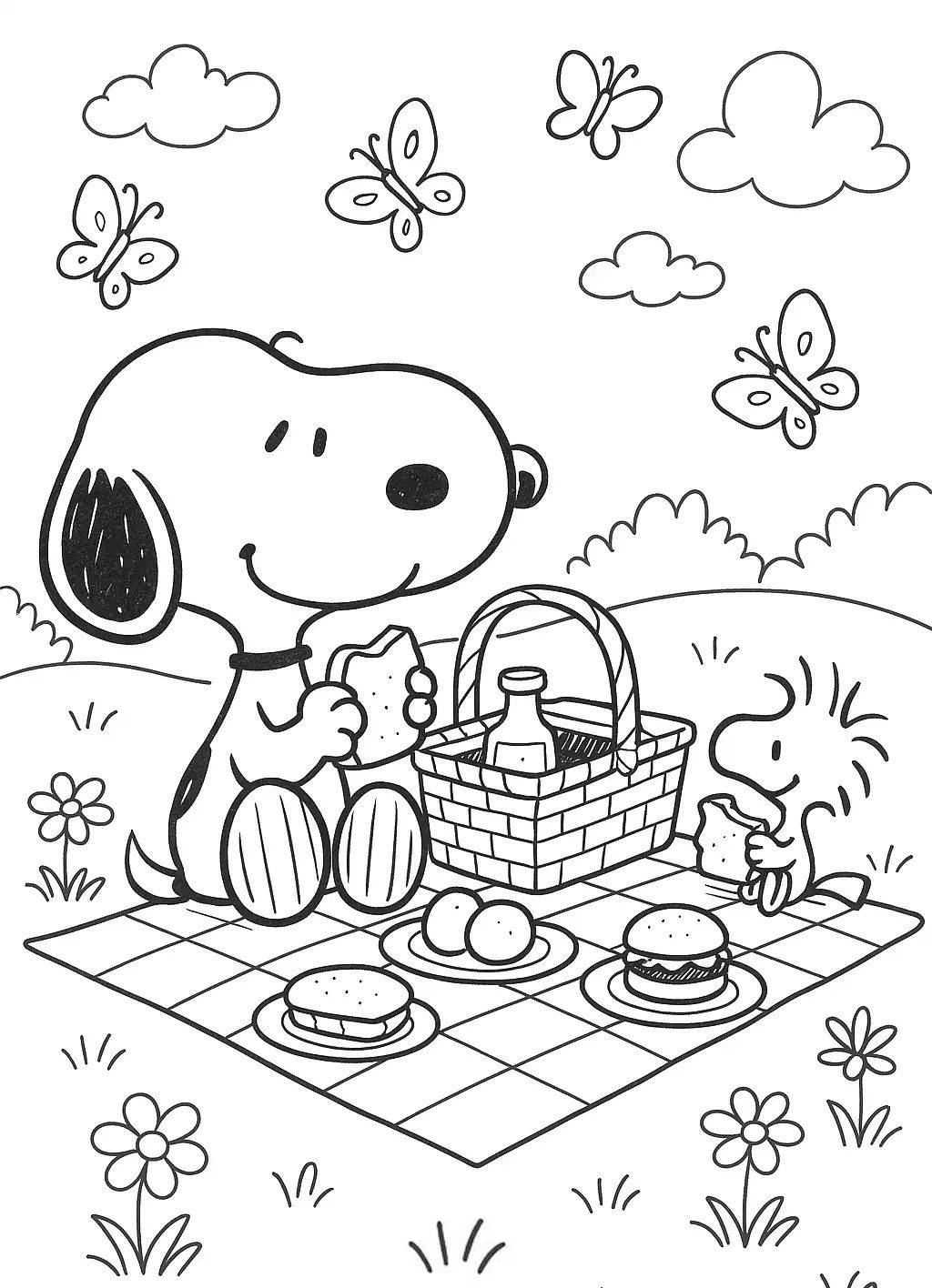 Desenho do Snoopy e Woodstock fazendo um piquenique com cesta de comida para imprimir e colorir.