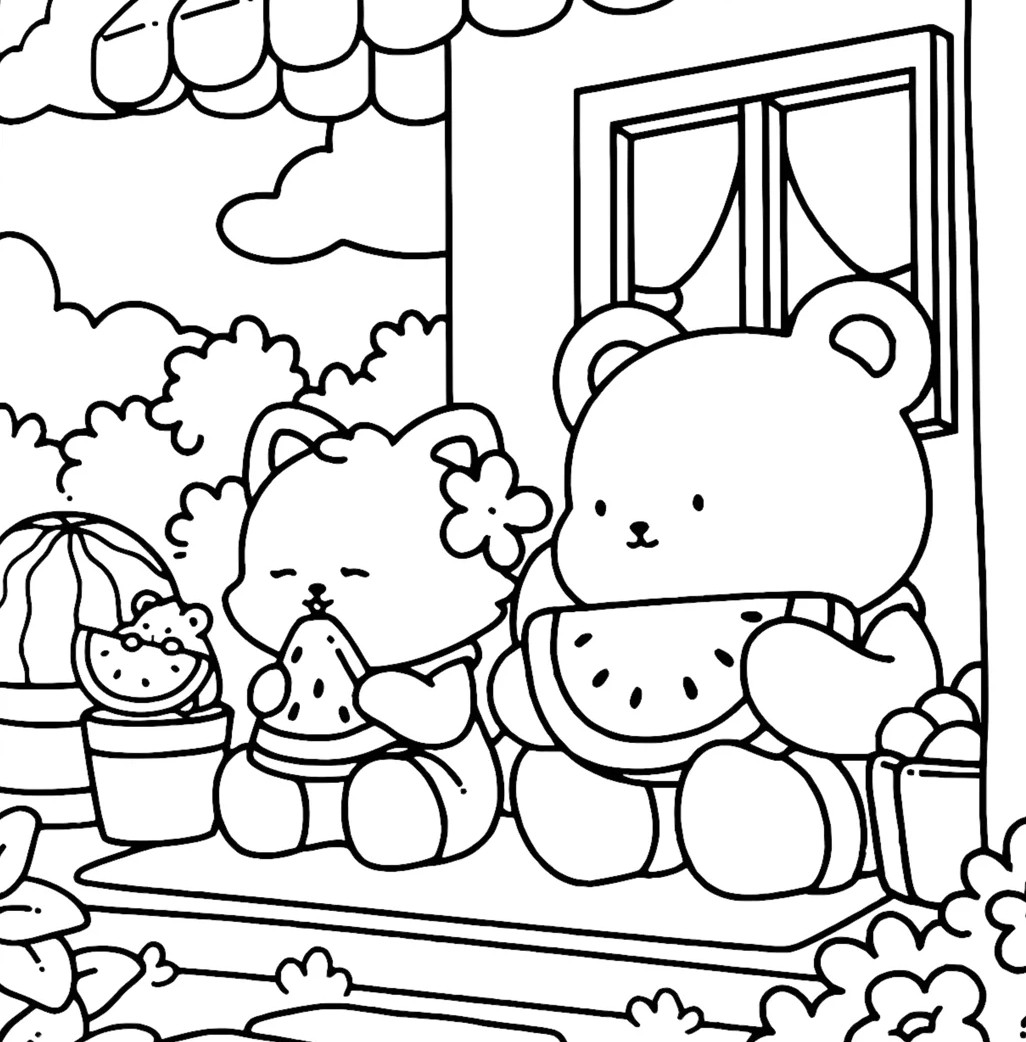 Desenho de ursinho, gatinha e ratinho curtindo um piquenique com melancia, em estilo comfy cozy, ideal para colorir.