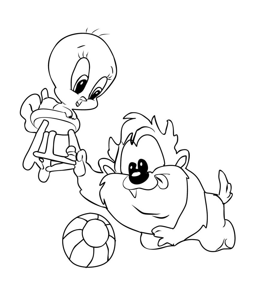 Desenho do Piu-Piu e Taz dos Baby Looney Tunes com bola de brinquedo para imprimir e colorir.