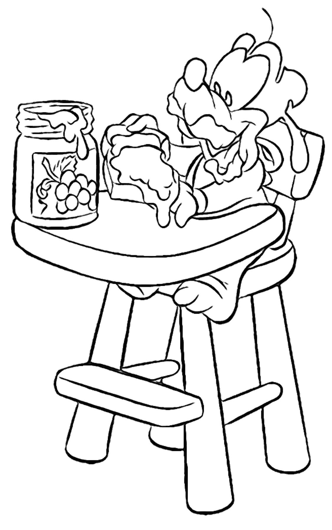 Desenho do Pluto do Mickey comendo sanduíche de geleia na cadeirinha para imprimir e colorir.