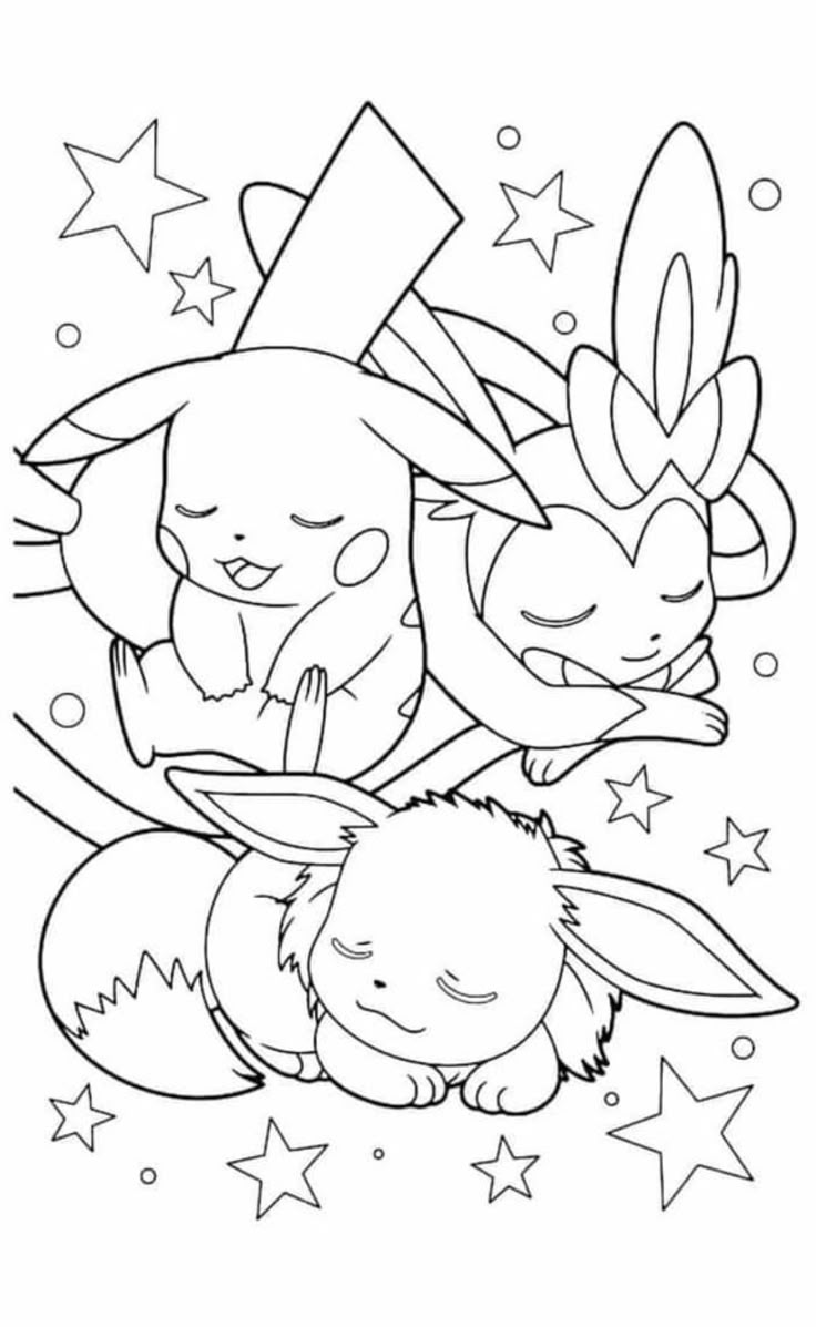 Desenho dos Pokemons Pikachu, Eevee e Sylveon dormindo juntos sob um céu estrelado, prontos para imprimir e colorir.