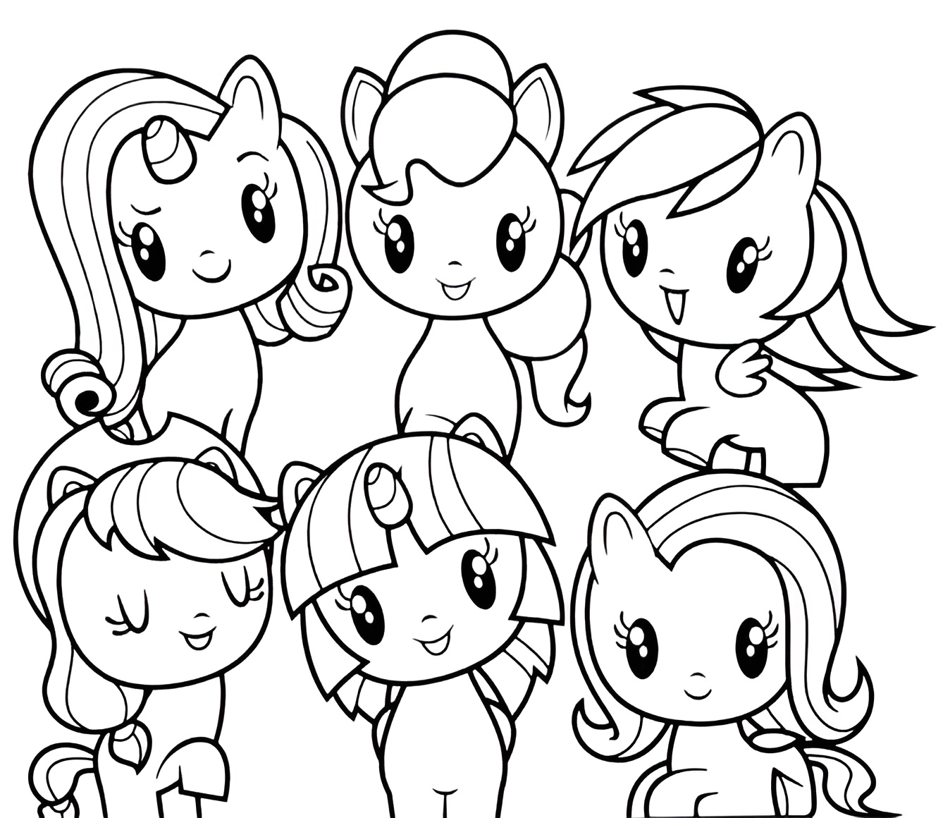 Desenhos adoráveis de Pônequinhas no estilo Chibi Kawaii para imprimir e colorir.