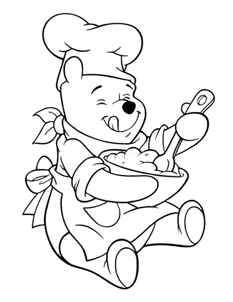 Desenho do Ursinho Pooh vestido de chef de cozinha, segurando uma tigela e colher, pronto para colorir e se divertir na cozinha.