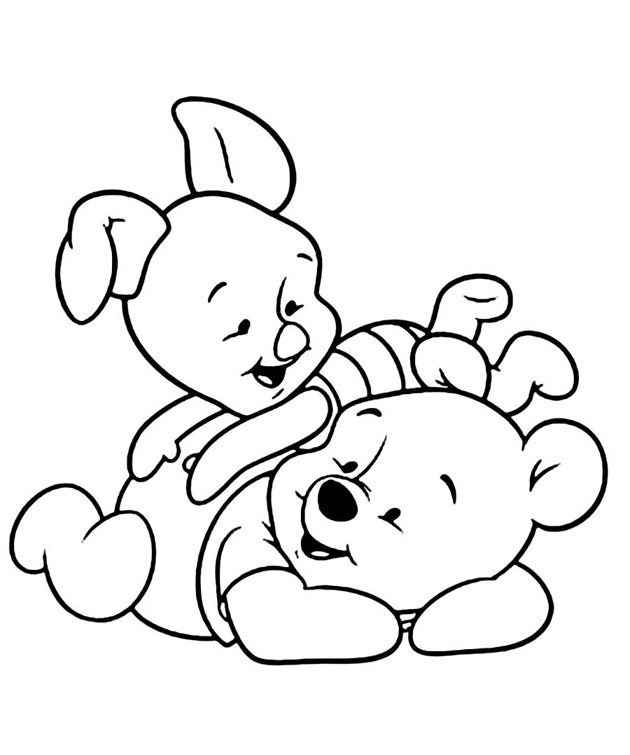 Desenho do Ursinho Pooh deitado com o Leitão sentado em cima, ambos sorrindo, para imprimir e colorir.