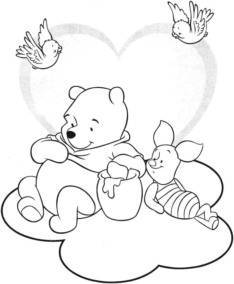 Desenho do Ursinho Pooh e Leitão com pote de mel, dois pássaros e um coração grande para imprimir e colorir.