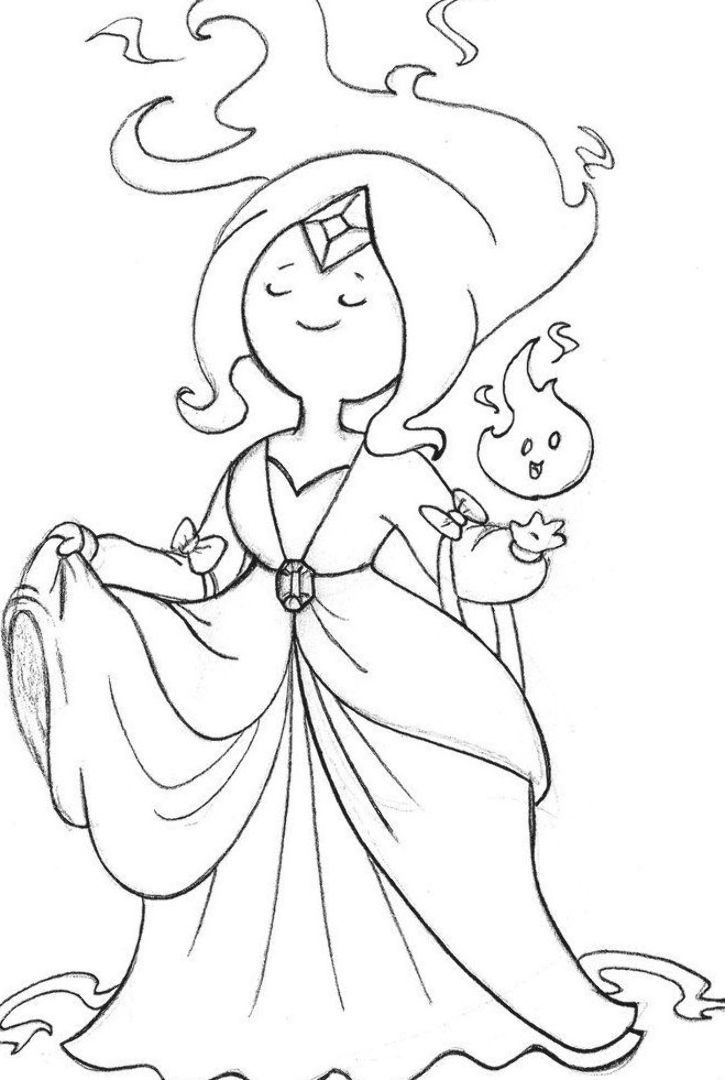 Desenho da Princesa de Fogo com coroa, cabelos de fogo e labareda sorridente para imprimir e colorir.