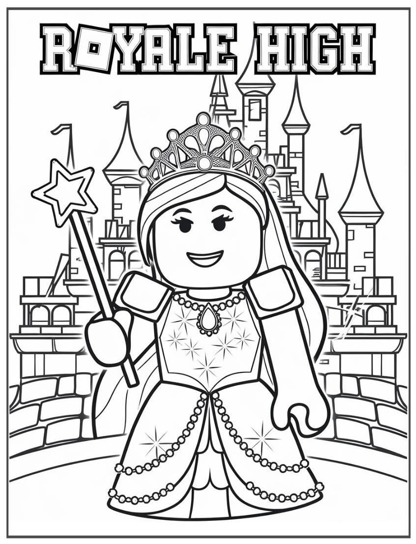 Desenho da Princesa Katia do Royale High com castelo ao fundo, varinha e coroa para imprimir e colorir.