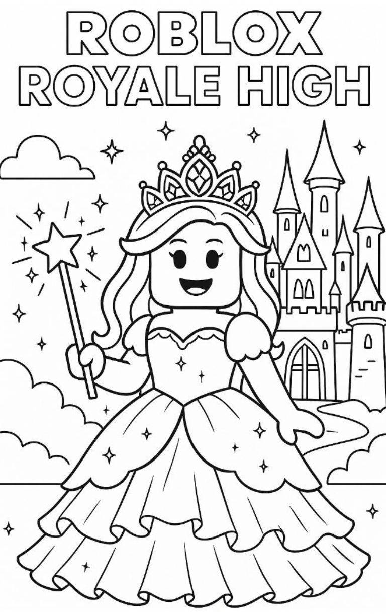 Desenho de uma princesa de Royale High com castelo mágico ao fundo para imprimir e colorir.