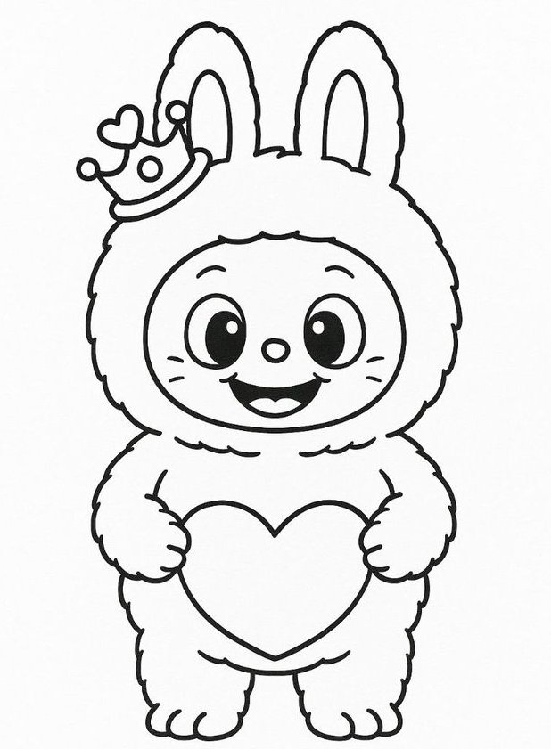 Desenho do Princeso Labubu, um adorável coelho de pelúcia com coroa de coração, perfeito para colorir e expressar sua criatividade.