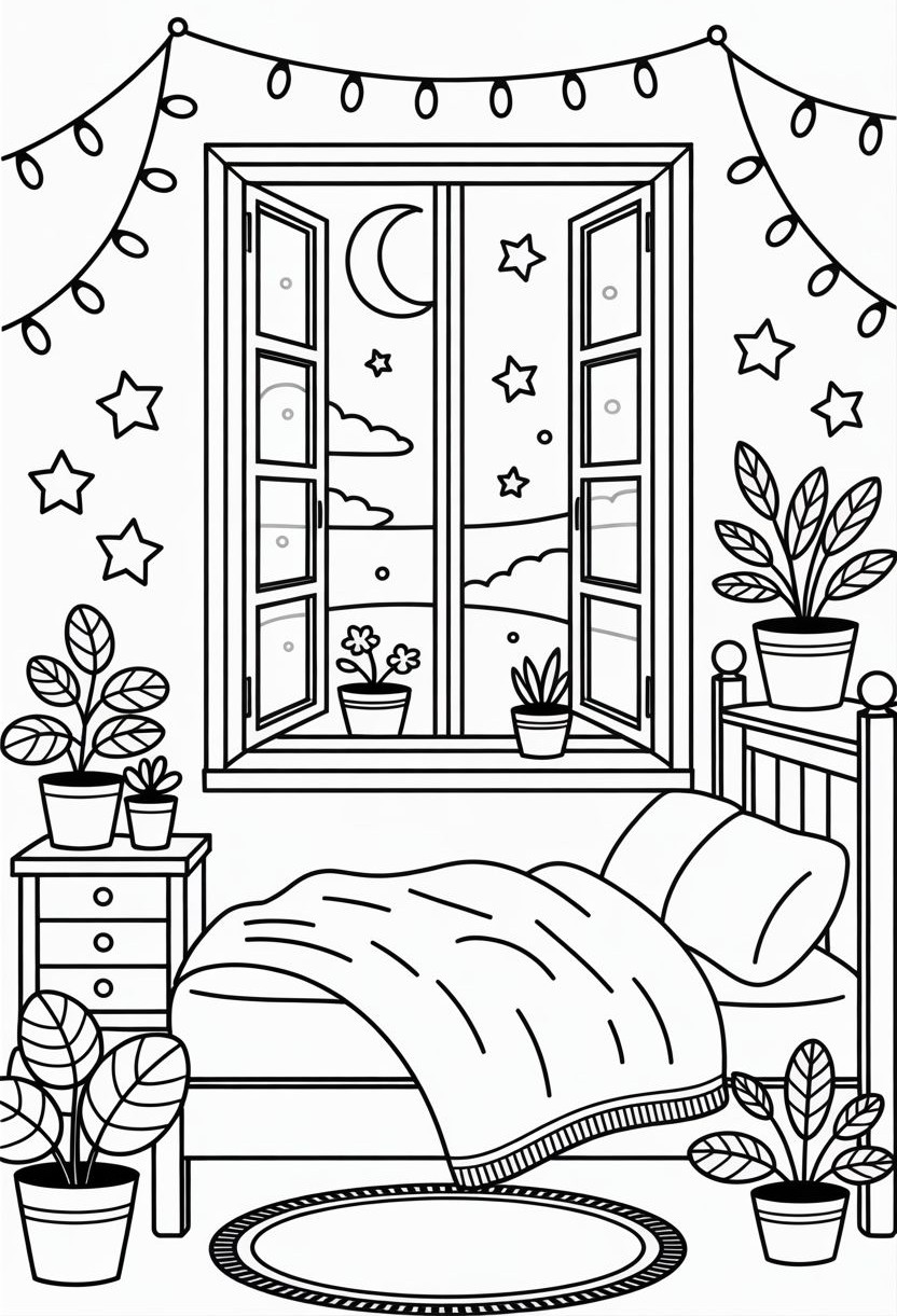 Desenho de um quarto aconchegante com vista para o céu noturno estrelado, perfeito para uma atividade relaxante de colorir.