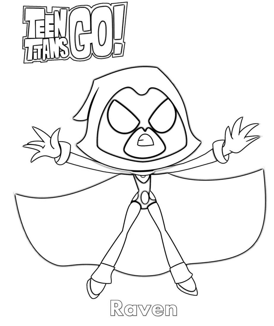 Desenho da Ravena dos Jovens Titãs com capuz, traje colante e o logo Teen Titans GO! para colorir e se divertir.