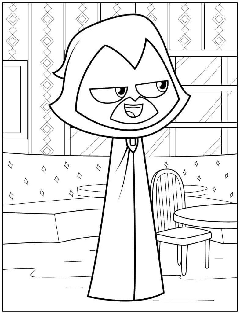 Desenho da Ravena dos Jovens Titãs em Ação com capuz e capa longa em cenário interno para imprimir e colorir.