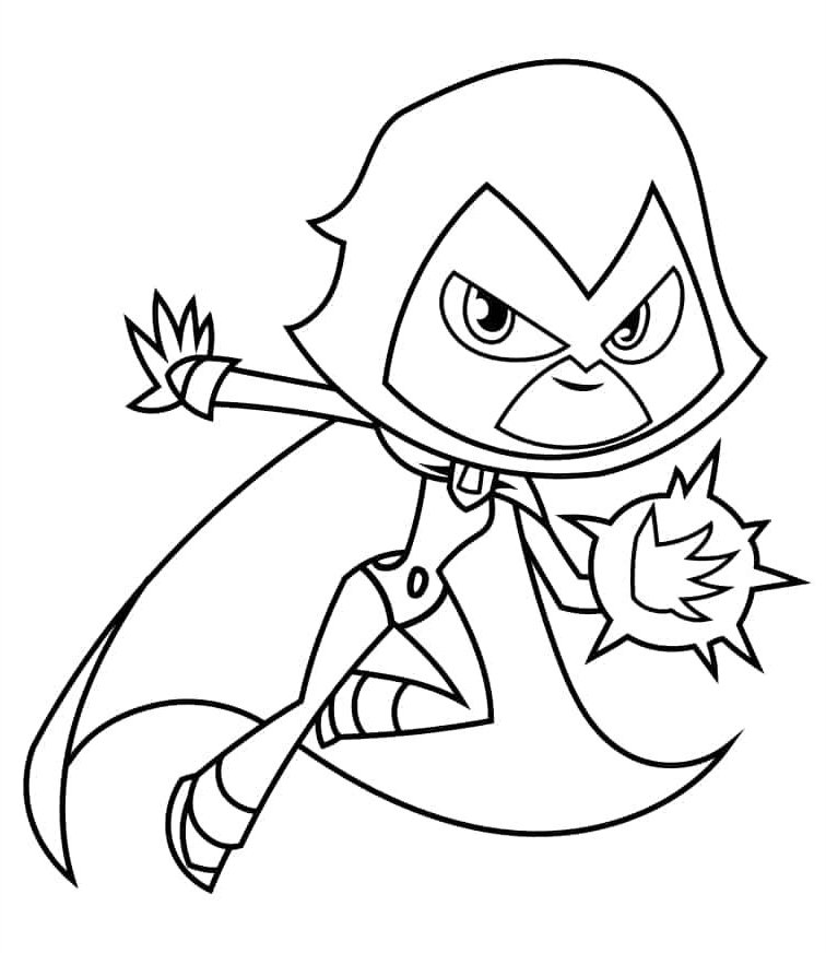 Desenho da Ravena dos Jovens Titãs com capuz e capa segurando energia mágica nas mãos para imprimir e colorir.