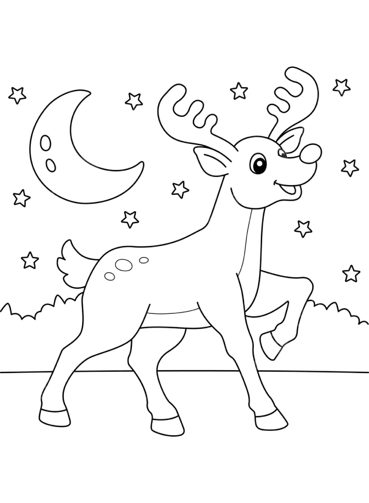 Desenho de rena natalina em estilo cartoon com focinho arredondado, chifres ramificados, lua crescente e estrelas para imprimir e colorir.