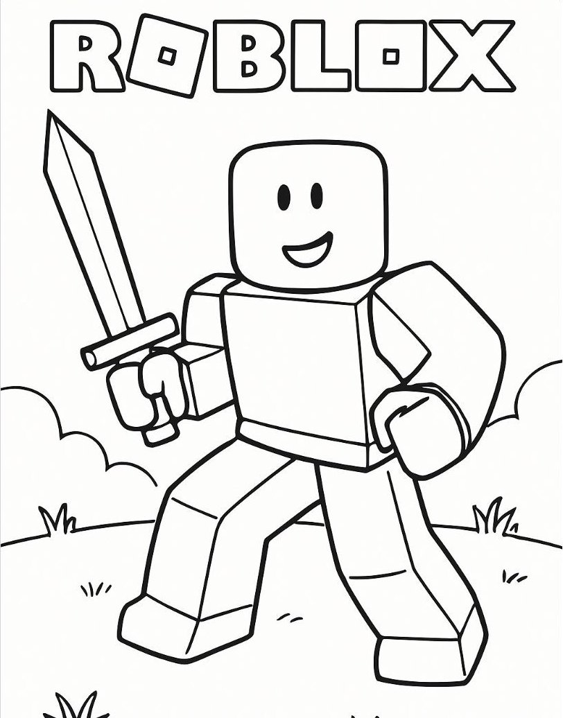 Desenho de um personagem do Roblox sorrindo, segurando uma espada em um mundo de blocos com nuvens e grama para colorir e se divertir.