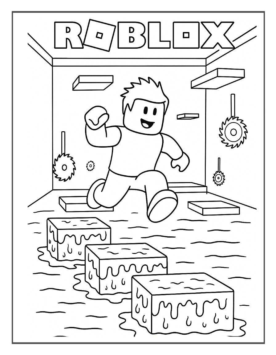 Desenho do desafio O Chão é Lava de Doce do Roblox com Bloxito, Rainha do Sorvete, plataformas de gelo e muita diversão para colorir.