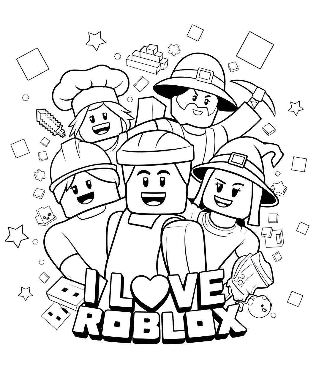 Desenho Roblox criativo com amigos, chapéus divertidos e blocos de construção para imprimir e colorir.