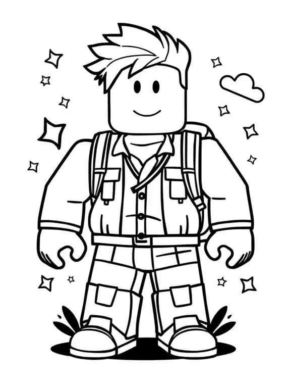 Desenho de um personagem Roblox explorador com cabeça quadrada, mochila e estilo cartoon para imprimir e colorir.