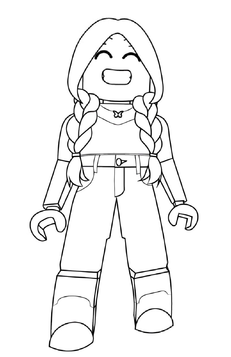 Desenho de menina Roblox fashion com trancinhas, look moderno e colar de borboleta para imprimir e colorir.