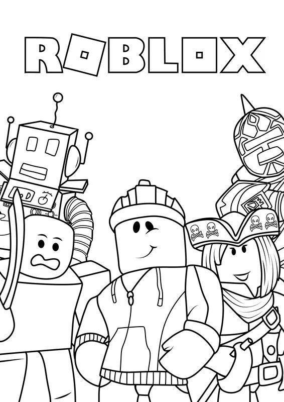 Desenho de personagens geométricos do Roblox, incluindo robô, pirata e construtor, para imprimir e colorir.