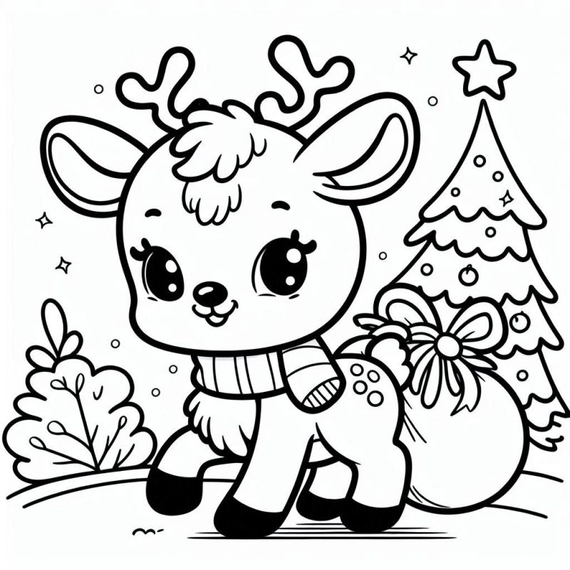 Desenho de rena Rudolph com árvore de Natal decorada e saco de presentes para imprimir e colorir.