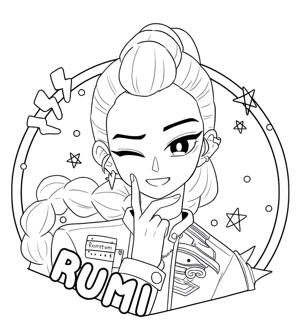 Desenho de Rumi, a Guerreira do K-pop com detalhes estelares e atitude poderosa, pronta para ser colorida e impressa.