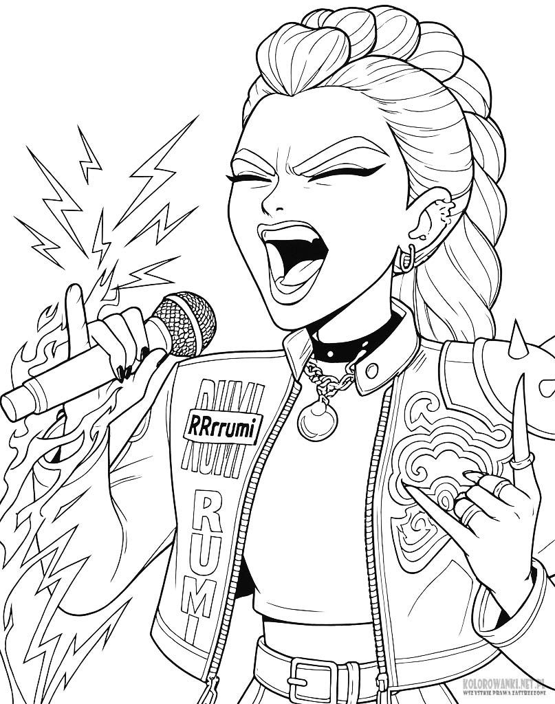 Desenho de Rumi, a Guerreira do K-pop com estilo punk, vocais poderosos e atitude rebelde, pronta para colorir e imprimir.