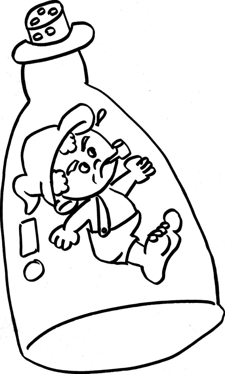 Desenho do Saci-Pererê dentro de uma garrafa de vidro, com gorro vermelho, cachimbo e suspensórios, pronto para colorir e celebrar o folclore brasileiro.