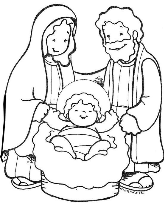 Desenho da Sagrada Família com Maria, José, Menino Jesus e manjedoura para imprimir e colorir.