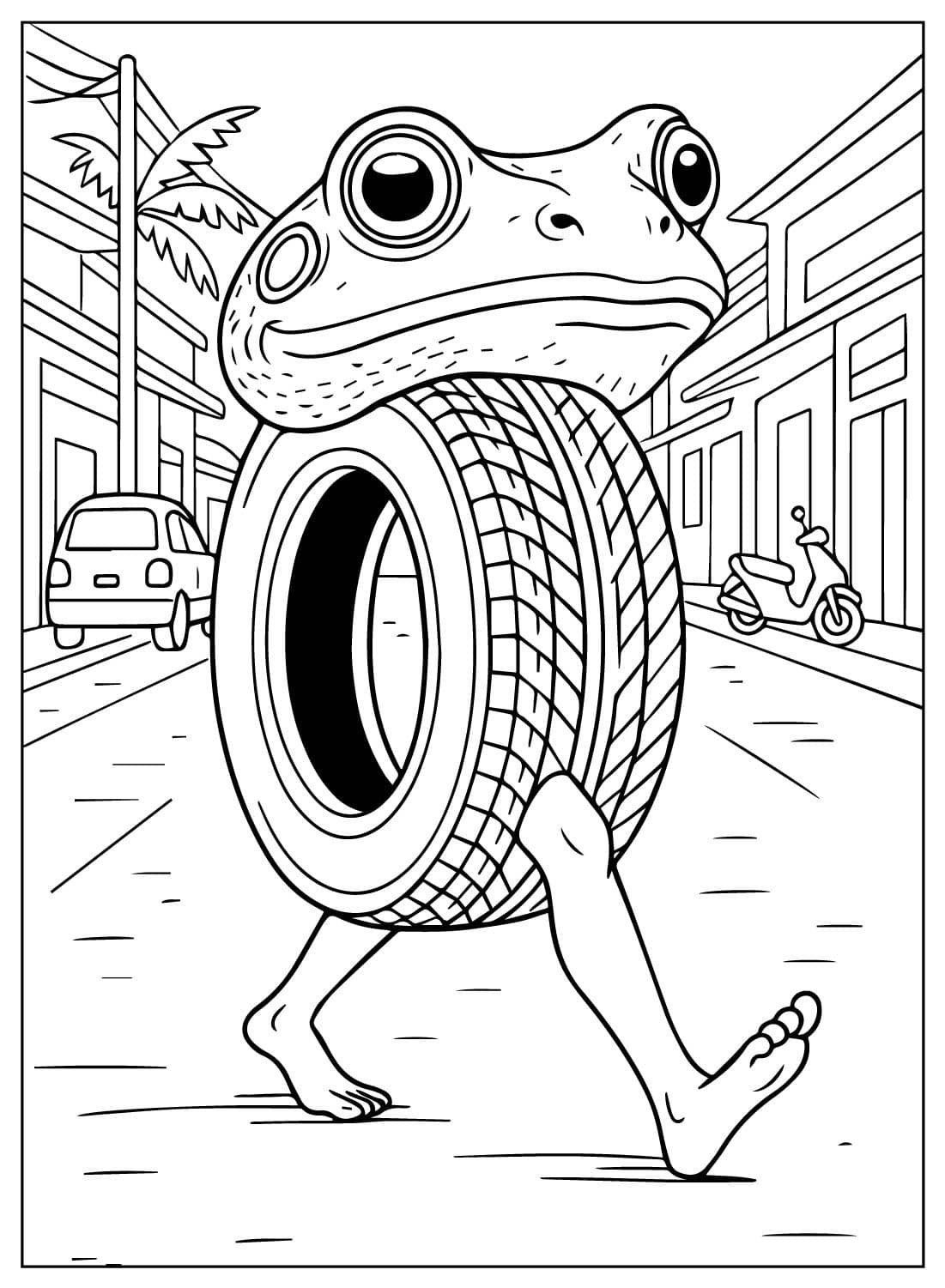 Desenho de um sapo com corpo de pneu e pernas humanas em cenário urbano para imprimir e colorir.