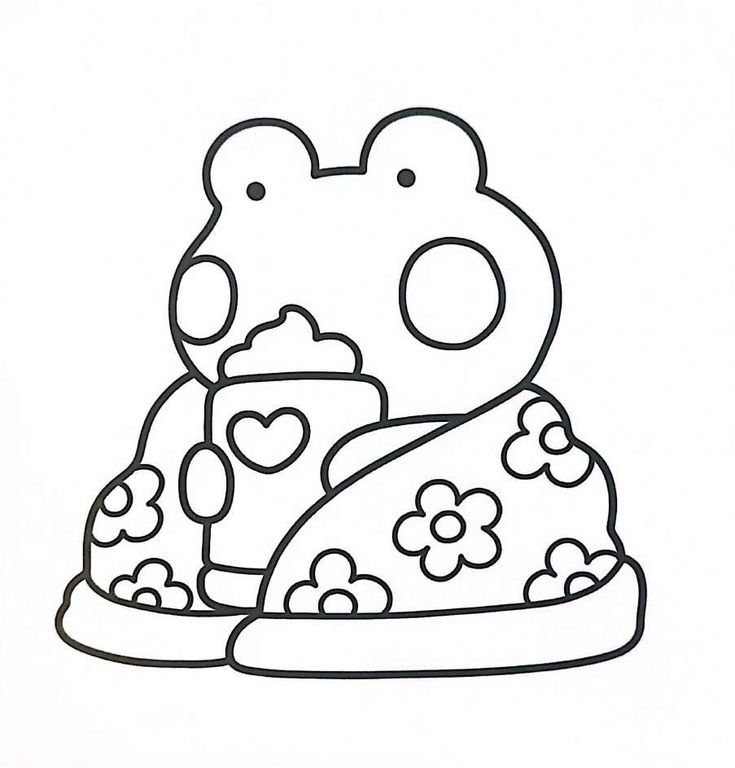 Sapo Sapopoulho antropomorfizado vestindo robe floral e segurando caneca com coração, ideal para imprimir e colorir.