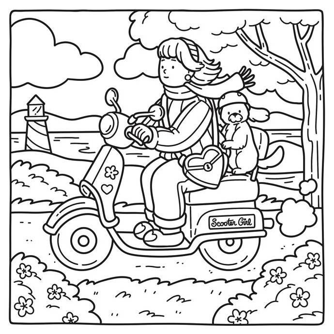 Desenho de Scooter Girl e Fido em uma aventura de viagem com scooter, farol ao fundo e estilo Bobbie Goods para imprimir e colorir.