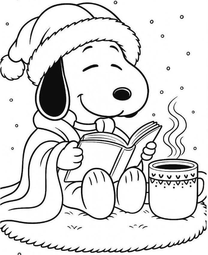 Desenho do Snoopy aconchegante no inverno com gorro de Papai Noel, cobertor e bebida quente para imprimir e colorir.