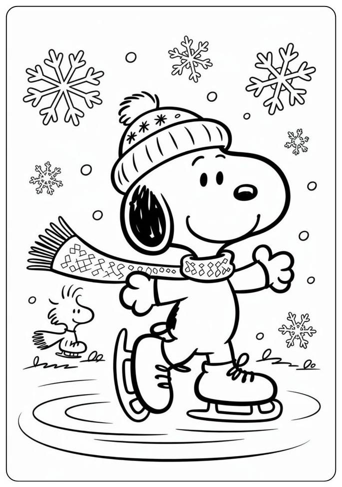 Desenho do Snoopy patinando no gelo com cachecol e patins para colorir.